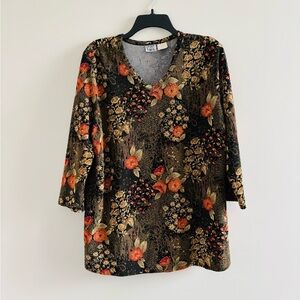 VTG Womens Top Textured Knit Stretch Orange Black Floral Women 1X Autumn Novelty